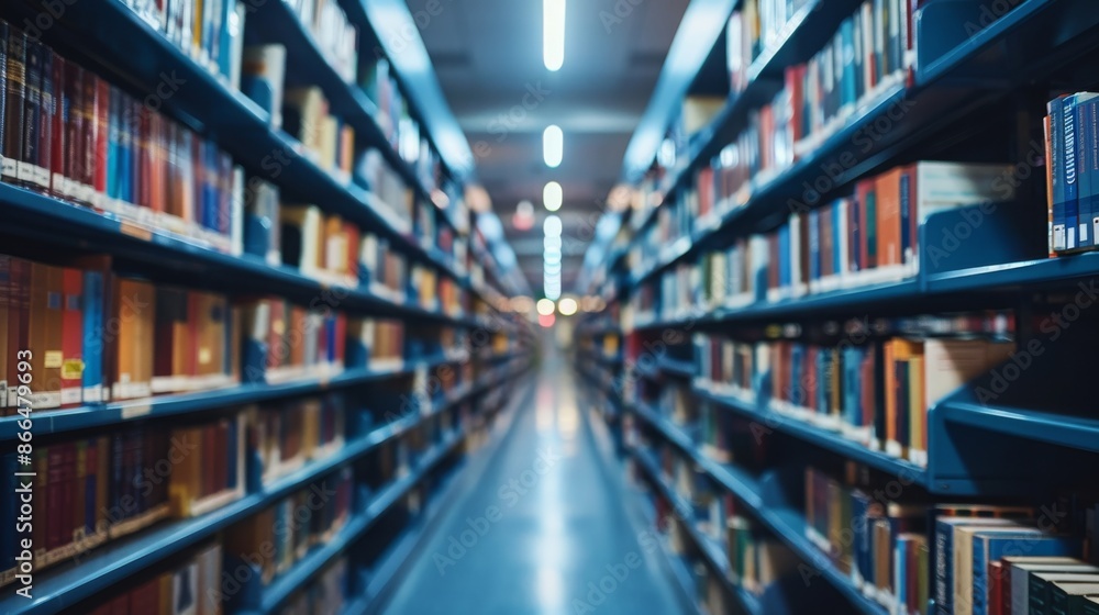 Poster endless rows of books in a university library. concept of knowledge, learning, and education.