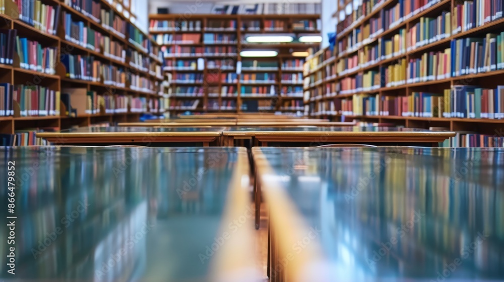 Poster empty library tables with rows of bookshelves in the background. education, research, and reading co
