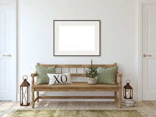 Interior of a farmhouse style hallway with a christmas decor. 3d rendering.