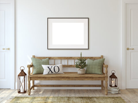 Interior of a farmhouse style hallway with a christmas decor. 3d rendering.
