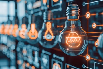 A conceptual image of industrial innovation with lightbulb icons and digital innovation labs, perfect for a business banner with ample copy space