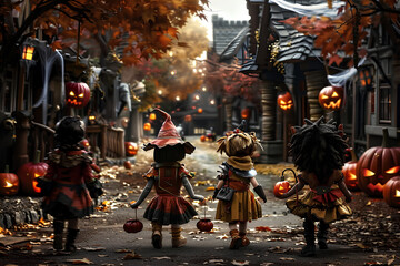  Children trick-or-treating in a spooky village, Halloween decorations and costumes