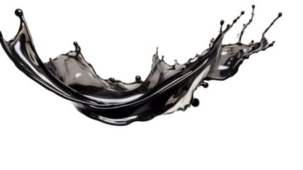 Black glossy liquid paint moving and spray droplets in a twisted curve shape on an isolated transparent png background. Splash of black liquid.
