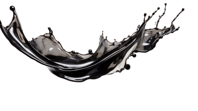 Black glossy liquid paint moving and spray droplets in a twisted curve shape on an isolated transparent png background. Splash of black liquid.
