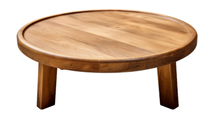 Wooden round table with four legs isolated on transparent png background.