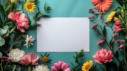 Obraz premium Blank white card with colorful spring flowers arranged around the edges on a teal background. Flat lay, top view. Perfect for greeting card, invitation, or wedding announcements.