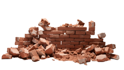 A pile of red broken bricks, broken brick wall concrete debris and rubble on transparent png background.