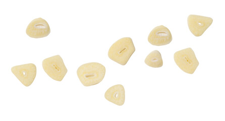 Top view set of garlic slices or pieces scattering isolated on white background with clipping path