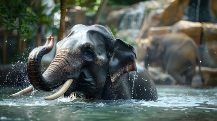 Fototapeta premium A male Asian elephant is enjoying bathing. 