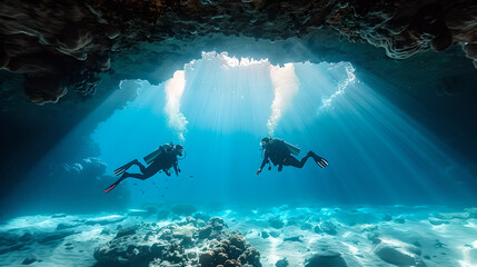 Scuba divers explore underwater cave with sunbeams