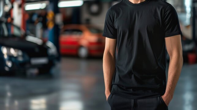 A man in a black shirt stands in a garage with cars in the background