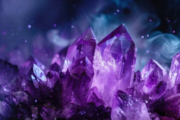 Fototapeta premium Mystical and sparkling amethyst crystal cluster with a dark background. A beautiful and reflective gemstone with a shimmering purple hue. Perfect for jewelry. Meditation. And spiritual energy