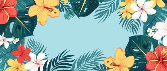 A detailed illustration of tropical flowers and leaves in bold colors, ideal for a summer banner with space for copy