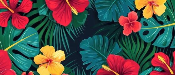 A detailed illustration of tropical flowers and leaves in bold colors, ideal for a summer banner with space for copy