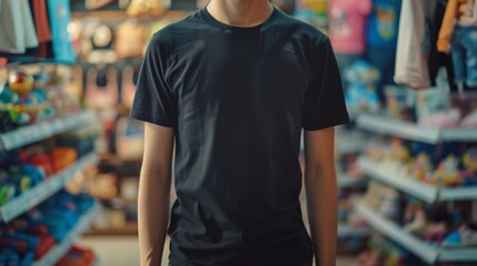 Obraz premium A man wearing a black t-shirt mockup in a store