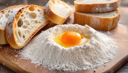 Egg yolk in a mound of flour, rustic bread loaves and crumbs, floured surface, homemade baking themes.
