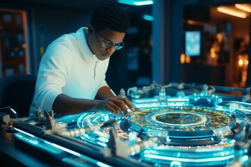 African-American scientist in white coat and glasses works at hi-tech glowing blue circular futuristic interface. Concept of artificial intelligence, quantum computing, and technological singularity