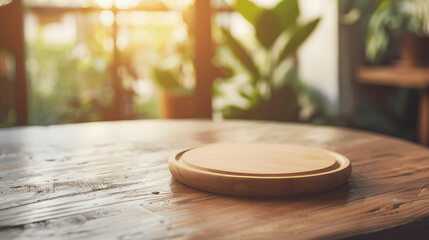Obraz premium Blank round coaster mockup on wooden table