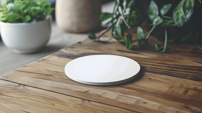 Blank round coaster mockup on wooden table