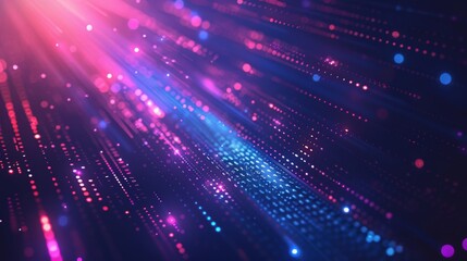 Abstract digital background with pink and blue glowing light streaks and digital code. Concept of technology, data, innovation, and futuristic design.