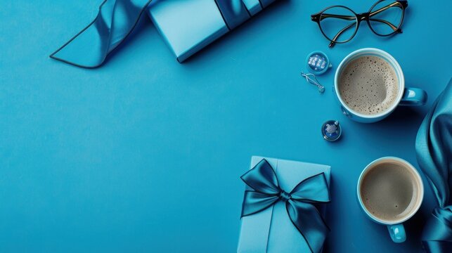Flat lay composition featuring a cup of coffee, two gift boxes, glasses, and a neatly folded blue tie on a vibrant blue background. Ideal for topics related to gift-giving, men fashion, Fathers Day 