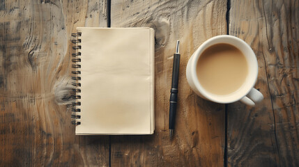Empty notebook mockup on wooden table with coffee and pen