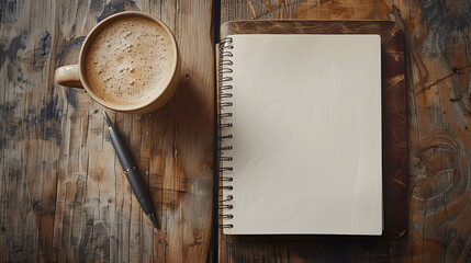 Empty notebook mockup on wooden table with coffee and pen