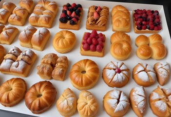 Delicious variety of fresh pastries in a bakery shop, chocolate, cream, jelly, butter, nuts, empty, berries, jam, confiture, coffe, ones, italian pastries