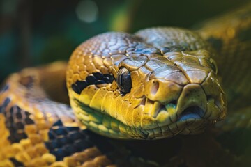 Vivid macro image capturing the intricate scales and eyes of a resting snake amidst foliage