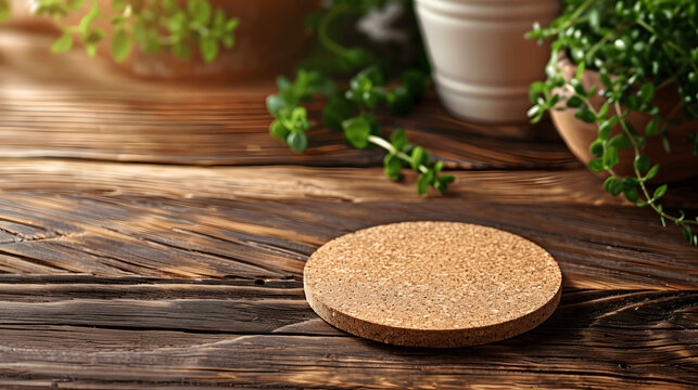 Plain cork coaster mockup on rustic wooden table