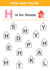 Kindergarten Letter H Find and Color worksheet. Spot and Color the Letter H. Letter H Hunt and Color for Kids.