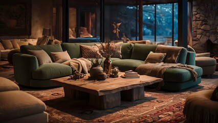 Home interior green sofa, table and decor in living room