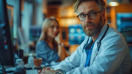A focused healthcare professional in blue scrubs with a stethoscope conducts a patient consultation using a computer in a modern medical office setting.