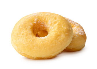 Front view of brown sugar glazed cinnamon donuts in stack isolated on white background with clipping path