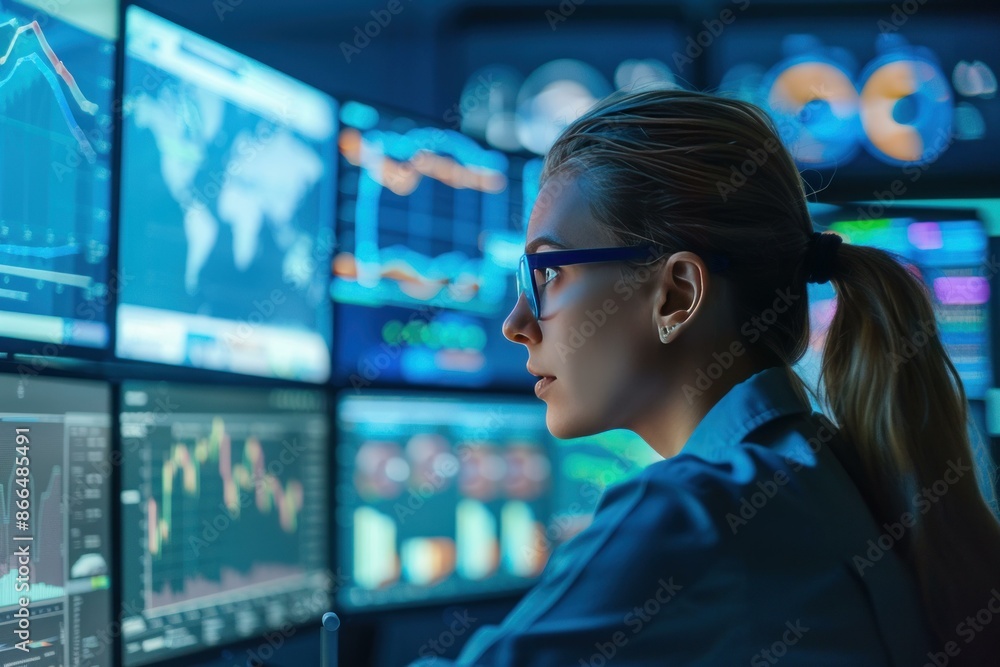 Poster focused female analyst reviews complex graphs and statistics across monitors in a modern control roo