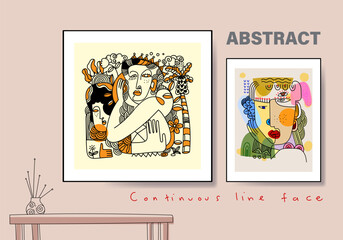 Set of abstract face portraits, shapes, doodle , decorative hand drawn vector illustration wall art. Cubism male and female portrait aesthetic design for poster, cover, decoration, home decor.