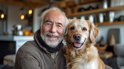 Senior man with his golden retriever dog. Elderly people accompanied by a pet.