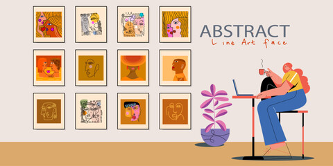 Set of abstract face portraits, shapes, doodle , decorative hand drawn vector illustration wall art. Cubism male and female portrait aesthetic design for poster, cover, decoration, home decor.