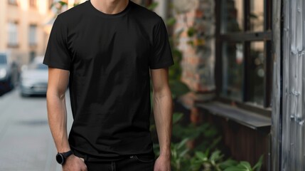 Male model wearing a blank black t-shirt mockup