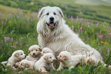 Happy dog with her litter of adorable puppies sits in a blooming meadow on a sunny day, surrounded...