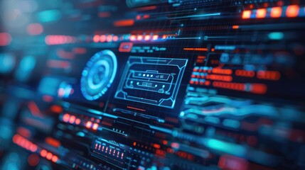 Obraz premium A futuristic image of industry standards and certifications with holographic badges and seals, isolated with room for text on a clean backdrop