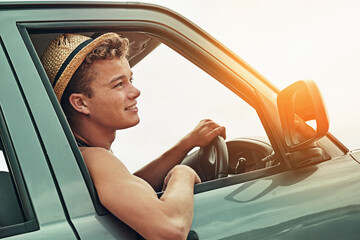 Man, driver and smile in car for road trip, travel and journey with explore, adventure or vacation....