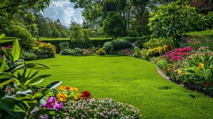 Lush green lawn surrounded by colorful flowerbeds in a well-maintained garden. Concept of landscaping, gardening, and outdoor living.