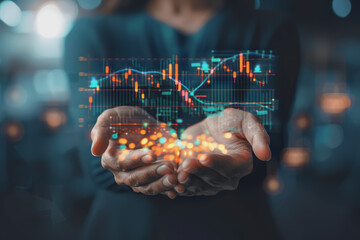 Fototapeta premium Businessman holding stock market graphic, networking, and data analytics connection, network.