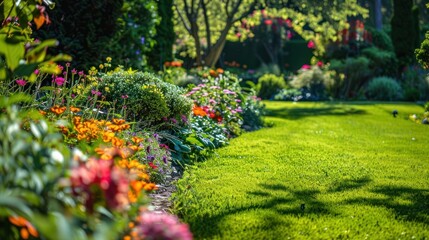 Lush green lawn with vibrant flower bed in a sunny garden. Concepts. landscaping, gardening, springtime, summer, nature