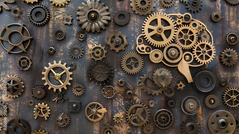 Poster surreal mechanical brain:gears and cogs forming innovative thinking