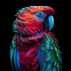 Obraz premium Vibrant Neon Parrot with Glowing Colorful Feathers on Black Isolated Background