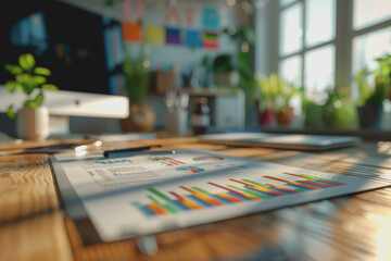 Graph charts that are models are inside the office. Show financial balance.