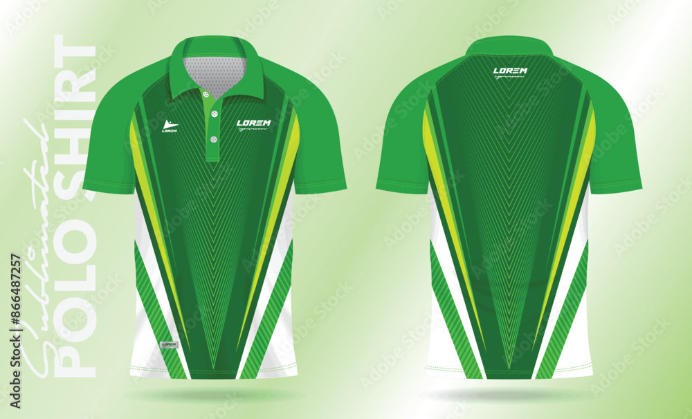 Wall mural green polo shirt design for soccer jersey, football kit, sportswear. Sport uniform in front view, back view. T-shirt mockup with fabric pattern.