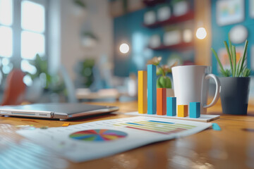 Graph charts that are models are inside the office. Show financial balance.